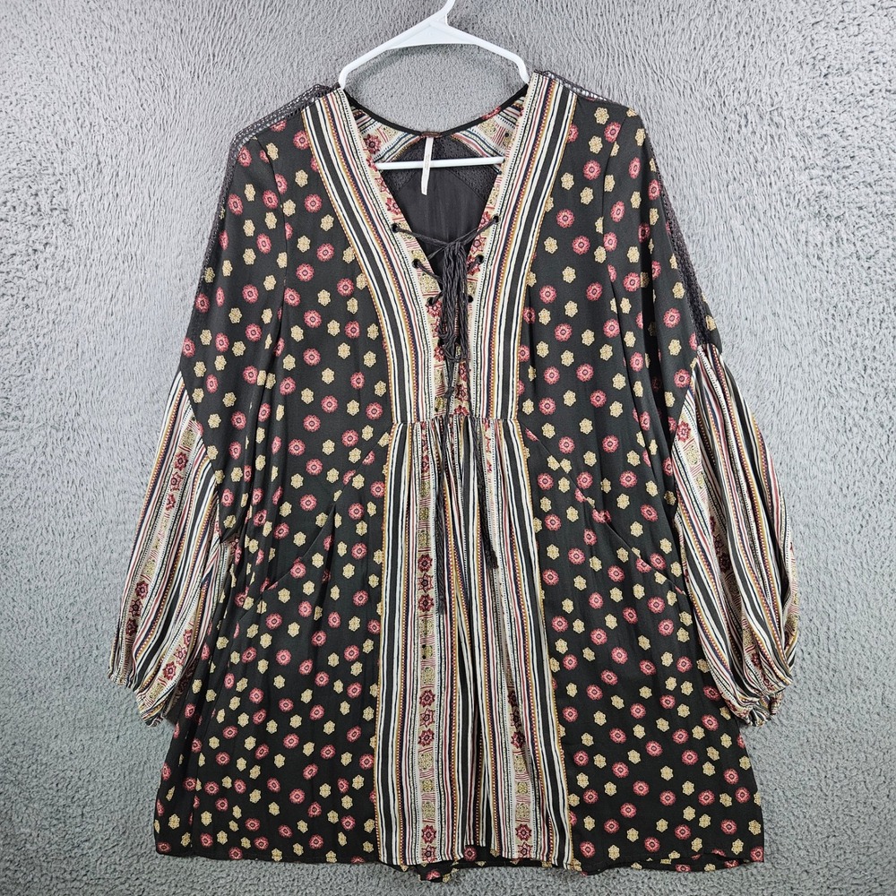 Free People Womens Boho Mixed Print Lace Up Mini Dress Black Floral Size S